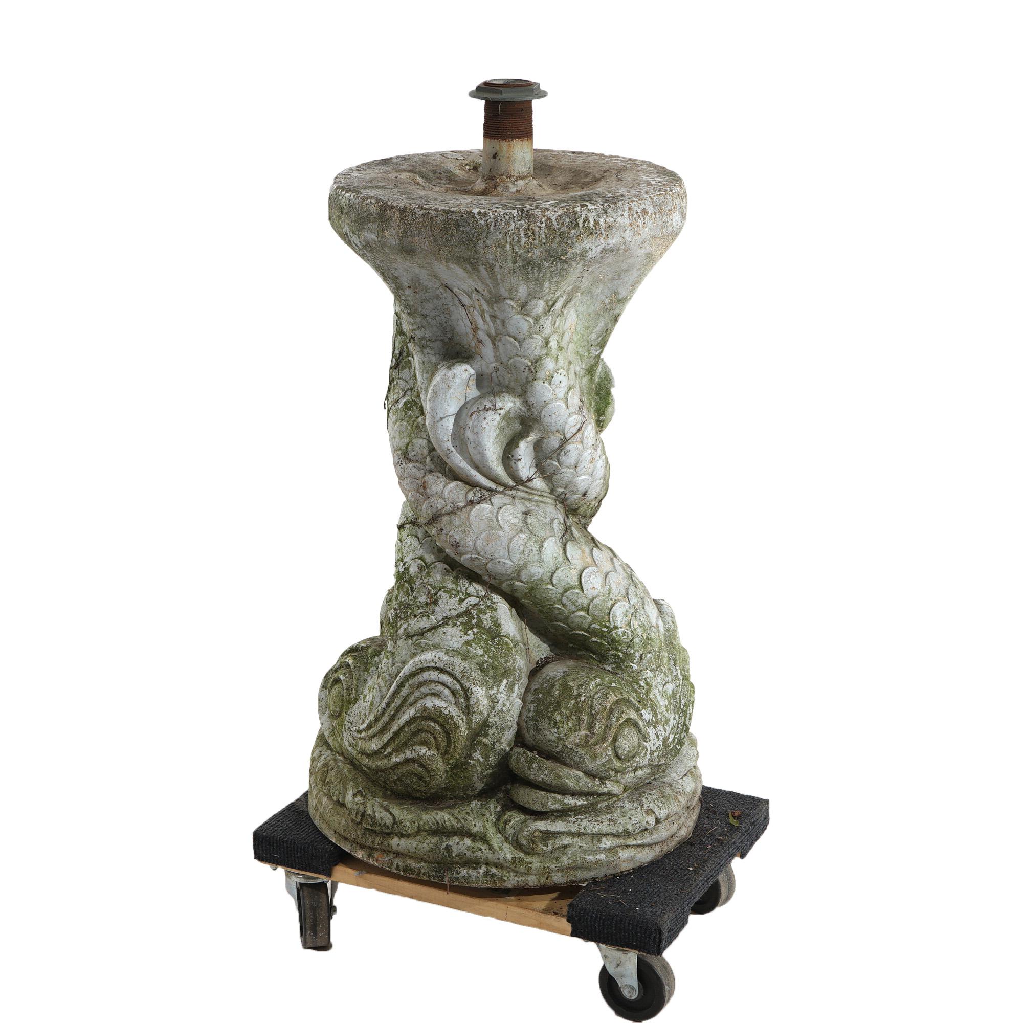 Cast Stone Antique Cast Hard Stone Figural Dolphin Garden Fountain Base C1930 For Sale