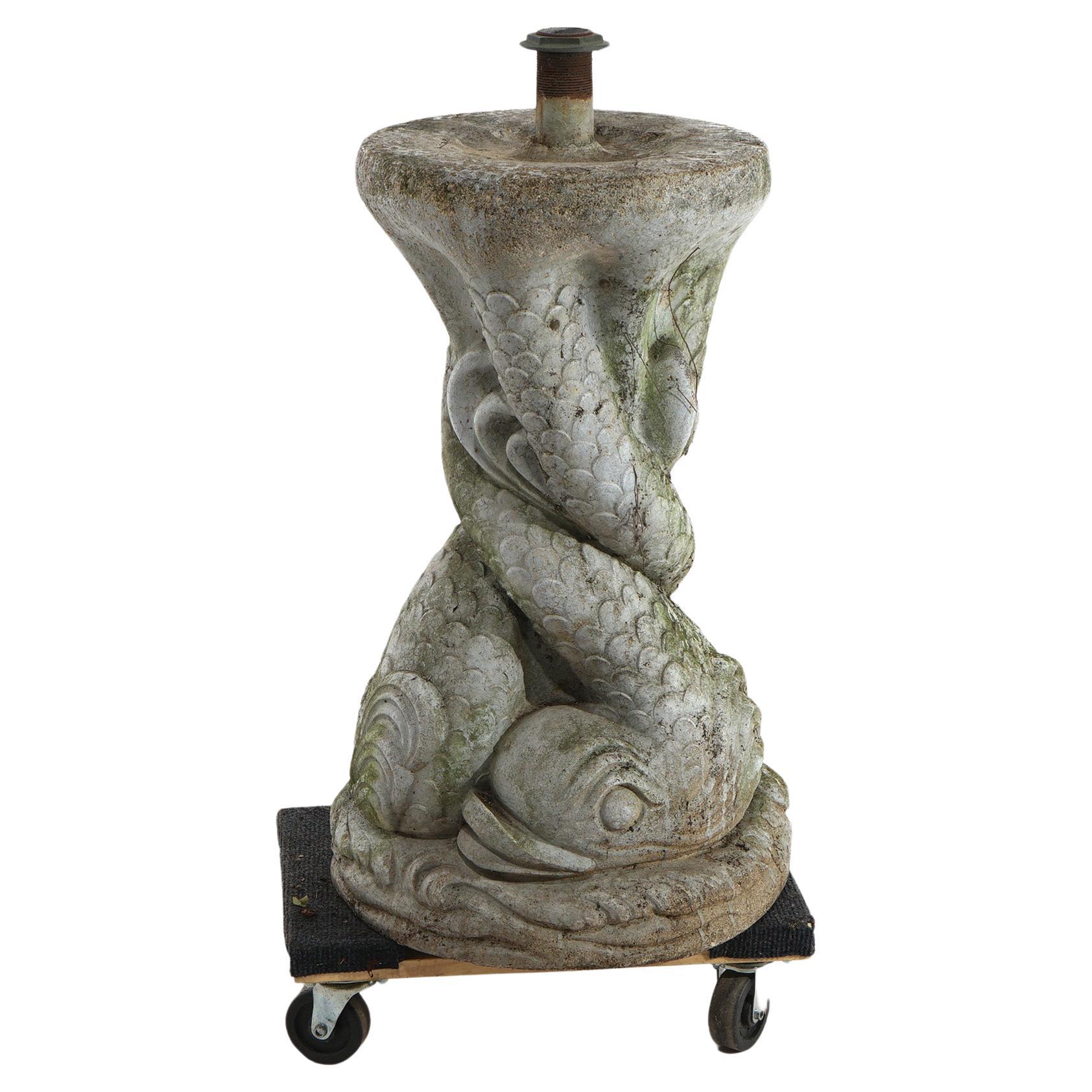 Antique Cast Hard Stone Figural Dolphin Garden Fountain Base C1930 For Sale