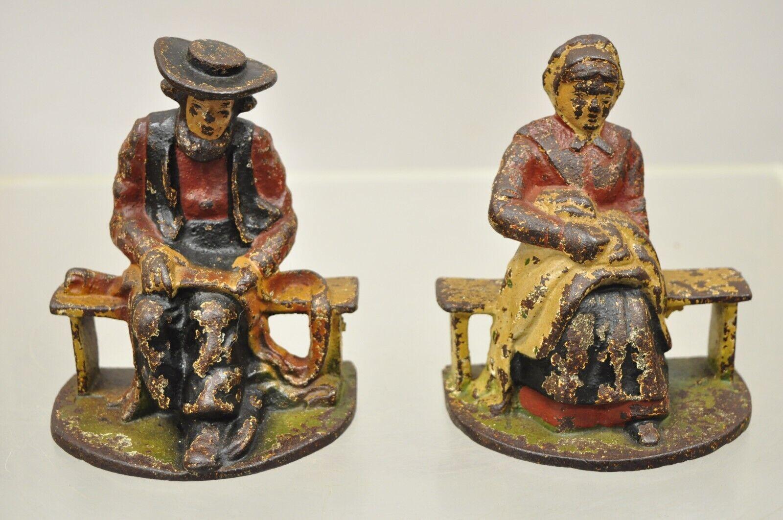 Antique Cast Iron Amish Man and Woman Couple Bookends, a Pair 3