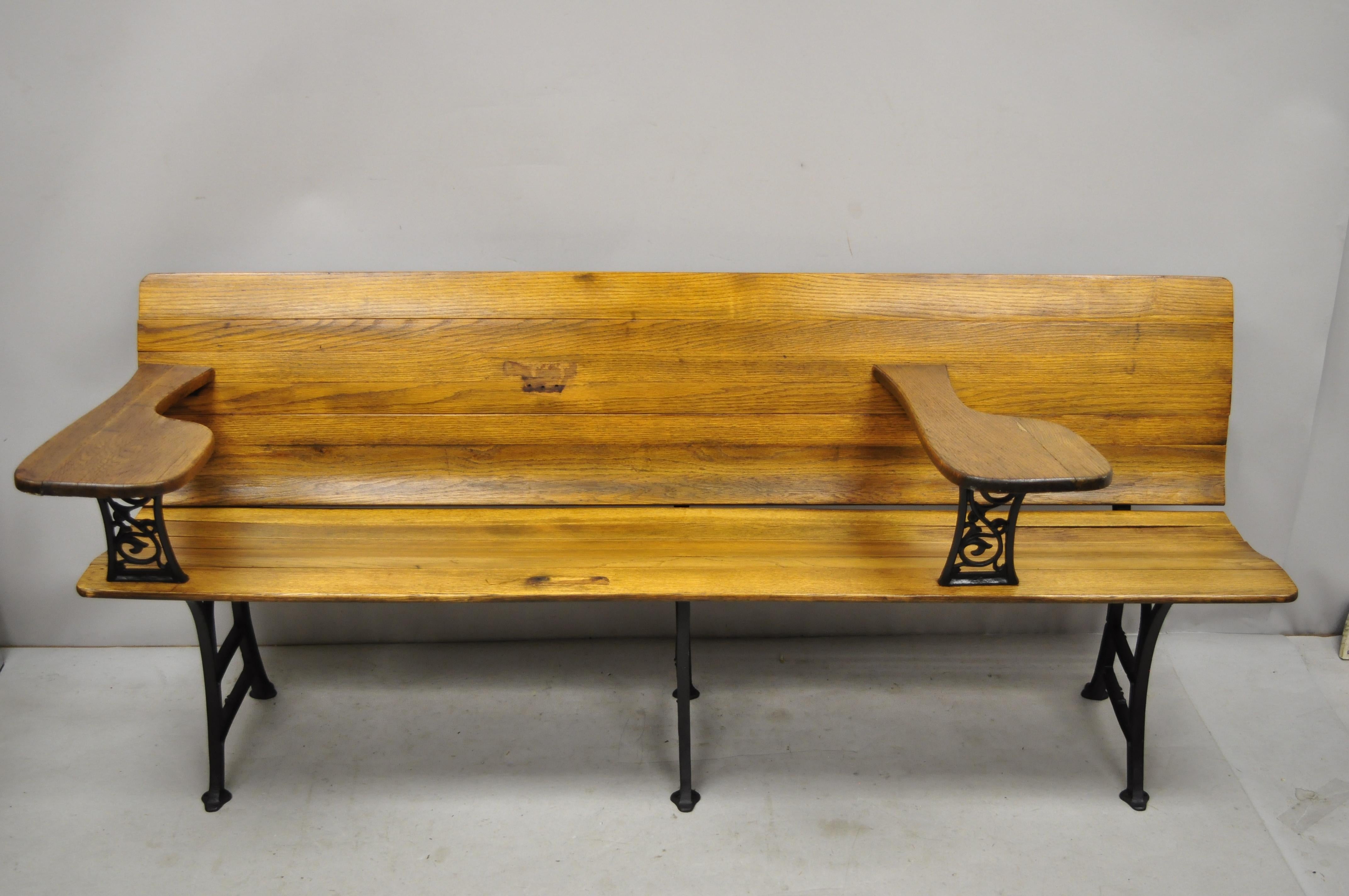 Antique Cast Iron and Oak Wood Long Victorian School Work Bench Desk For Sale 3