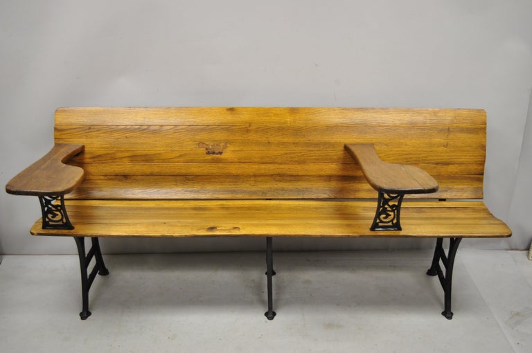 Antique Cast Iron and Oak Wood Long Victorian School Work Bench Desk For Sale 6
