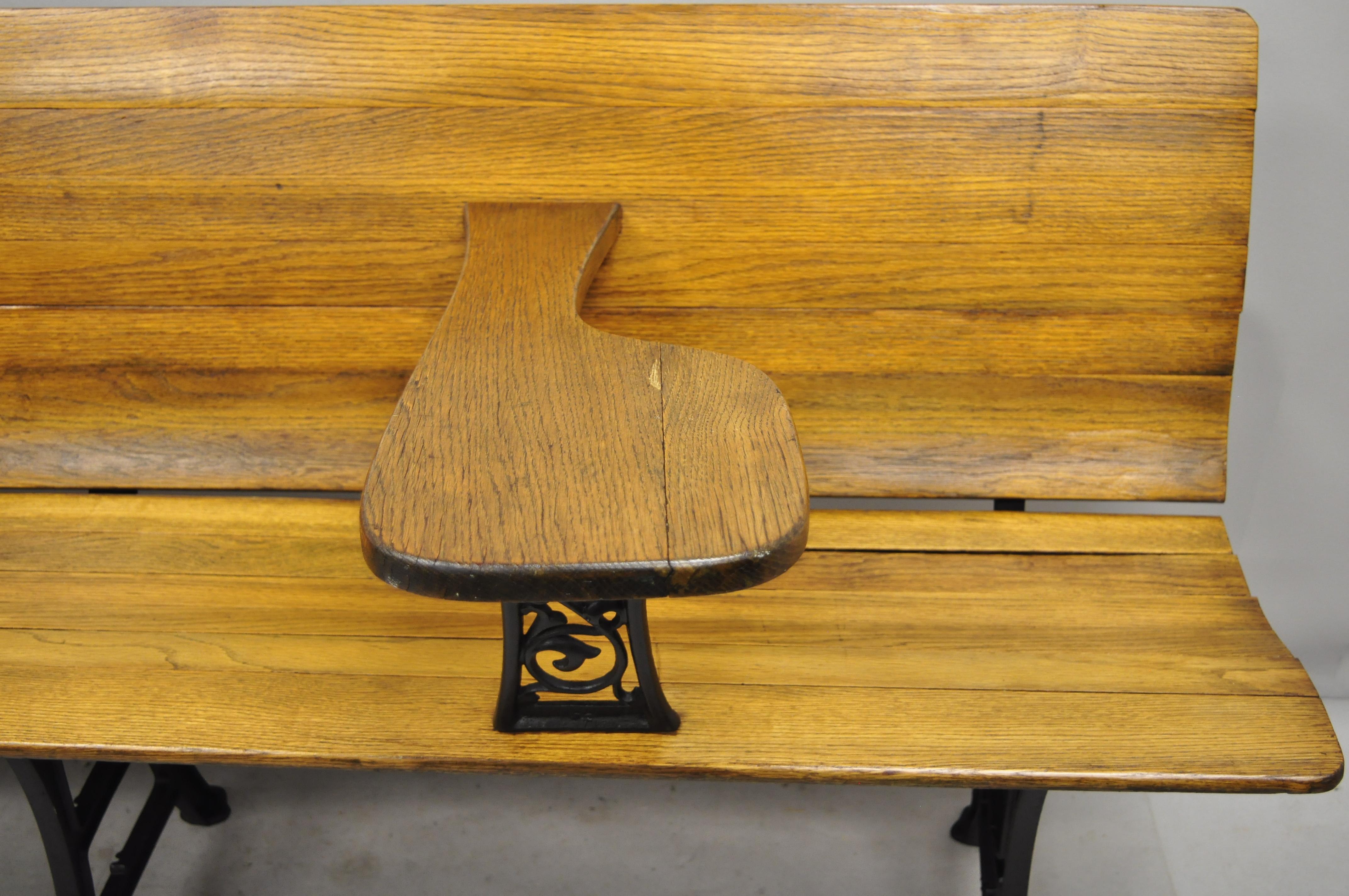 Antique Cast Iron and Oak Wood Long Victorian School Work Bench Desk In Good Condition For Sale In Philadelphia, PA