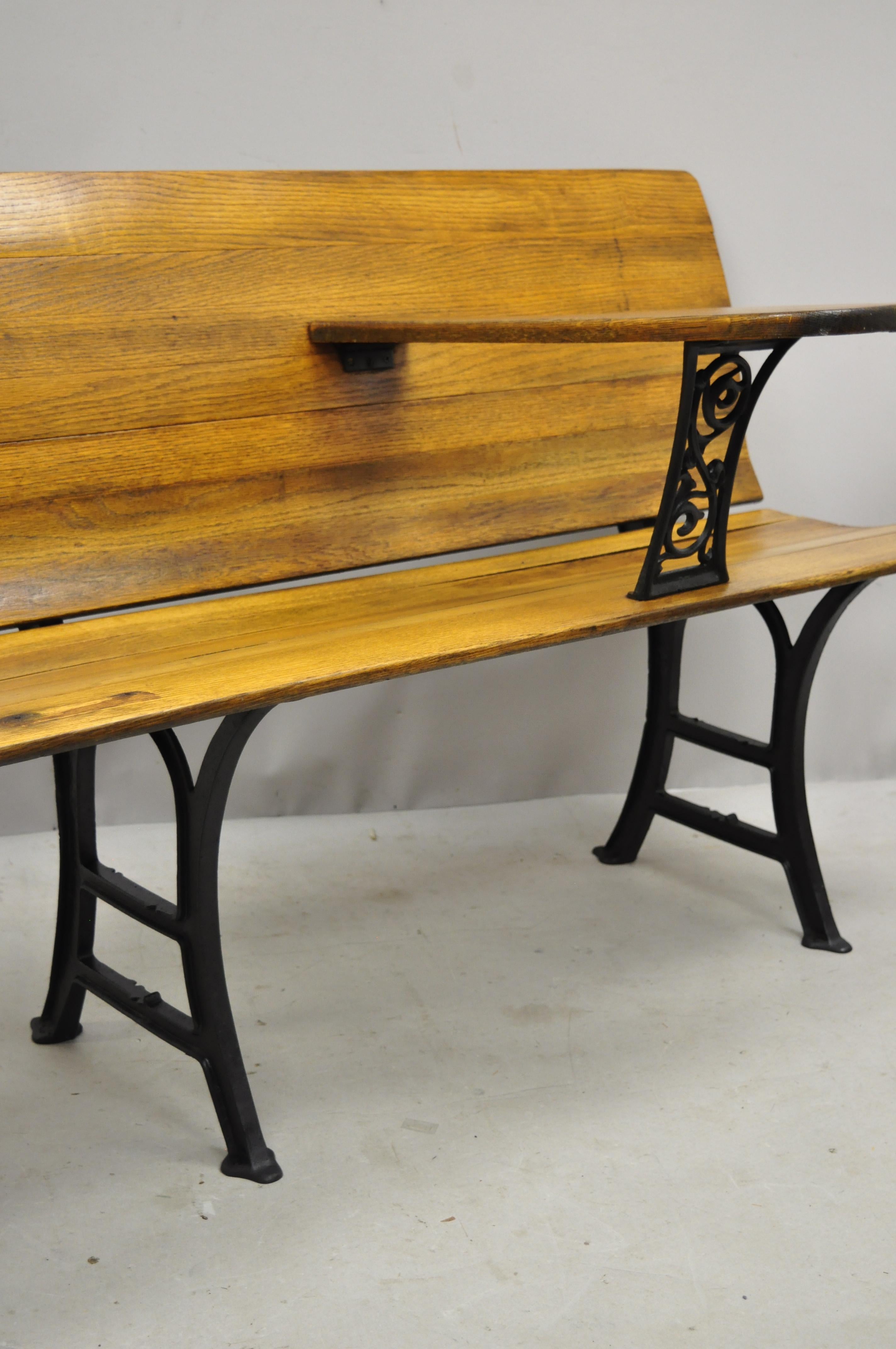 19th Century Antique Cast Iron and Oak Wood Long Victorian School Work Bench Desk For Sale