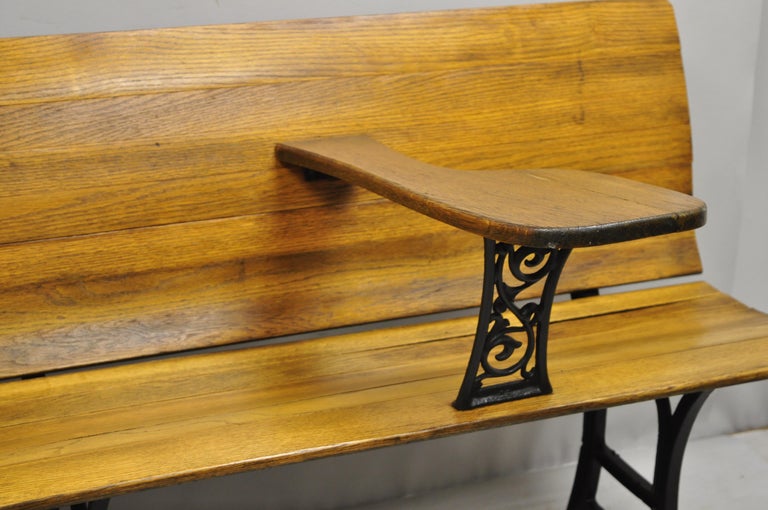 Antique Cast Iron and Oak Wood Long Victorian School Work Bench Desk For Sale 4