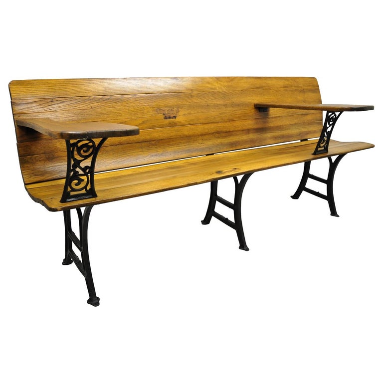 Antique Cast Iron and Oak Wood Long Victorian School Work Bench Desk For Sale