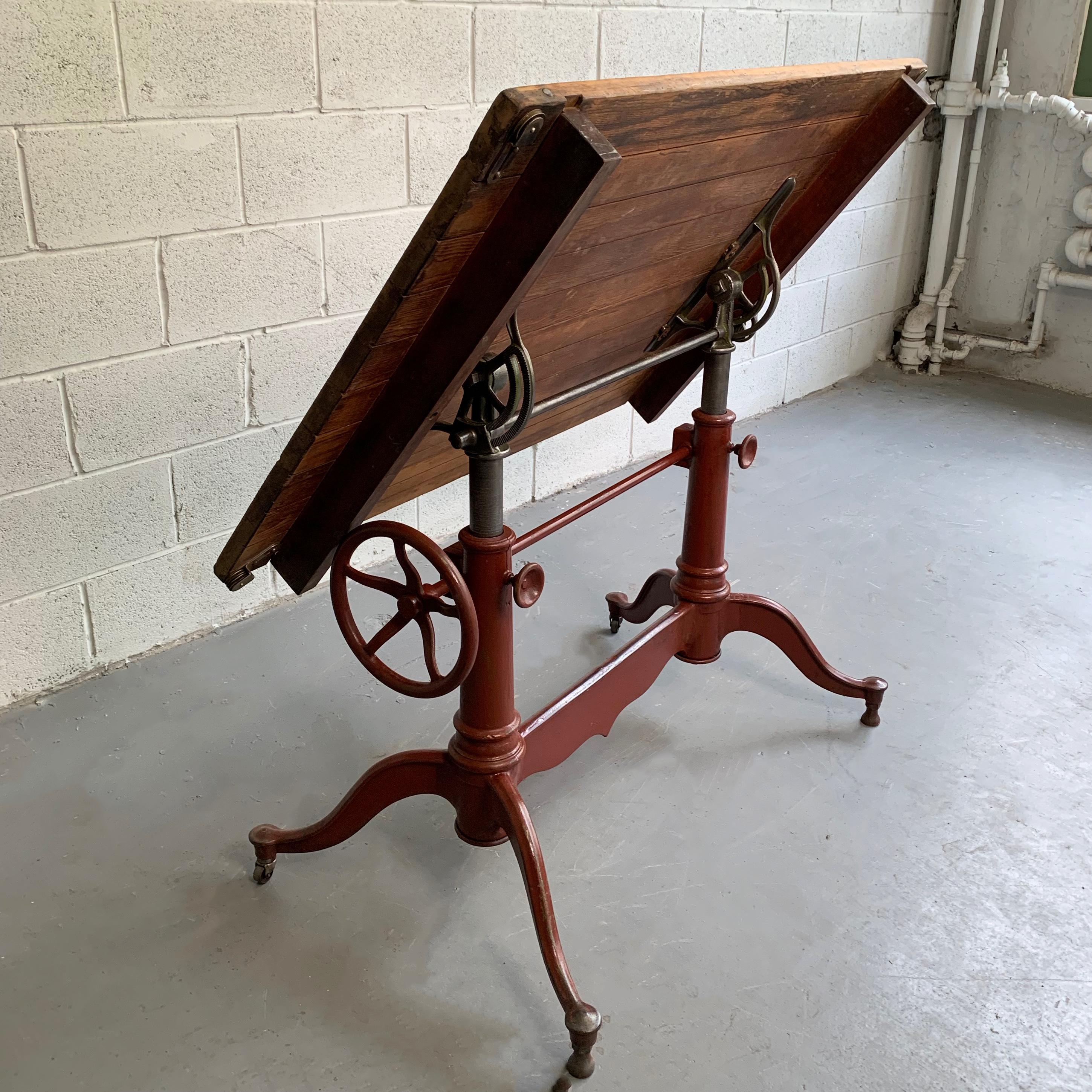 Industrial Antique Cast Iron and Pine Adjustable Drafting Table