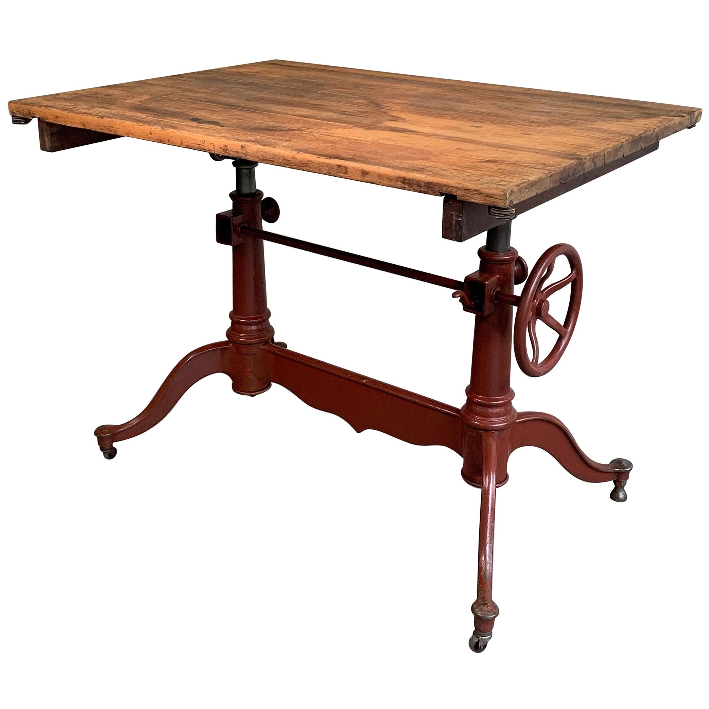 Antique Cast Iron and Pine Adjustable Drafting Table