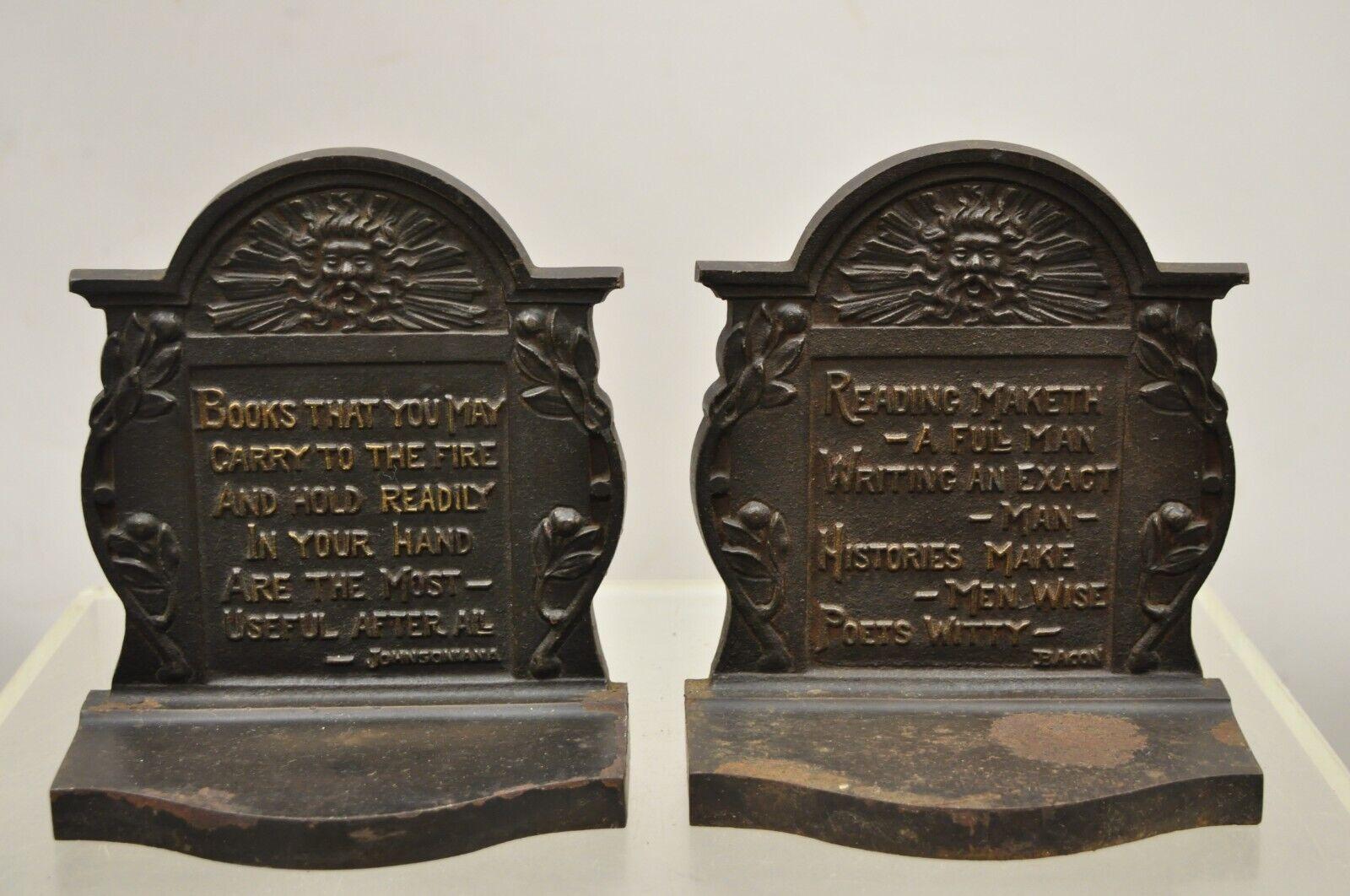 Antique Cast Iron Art Nouveau Johnsonsoniana and Bacon quote Bookends. Quotes read: Number 1 “Books that you may carry to the fire and hold readily in your hand are the most useful after all.” Number 2: “Reading maketh a full man writing an exact