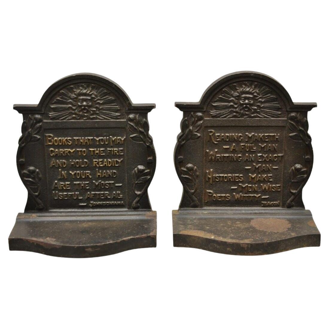 Antique Cast Iron Art Nouveau Johnsonsoniana and Bacon quote Bookends For Sale