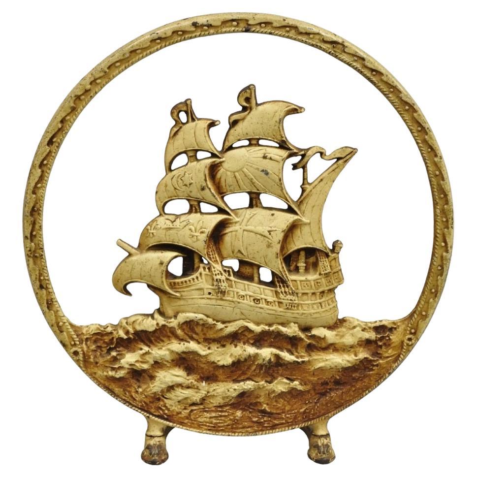 Antique Cast Iron Art Nouveau White Painted Pirate Ship Large Doorstop
