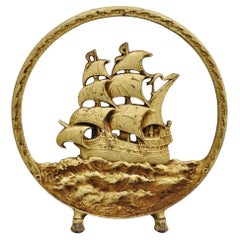 Antique Cast Iron Art Nouveau White Painted Pirate Ship Large Doorstop