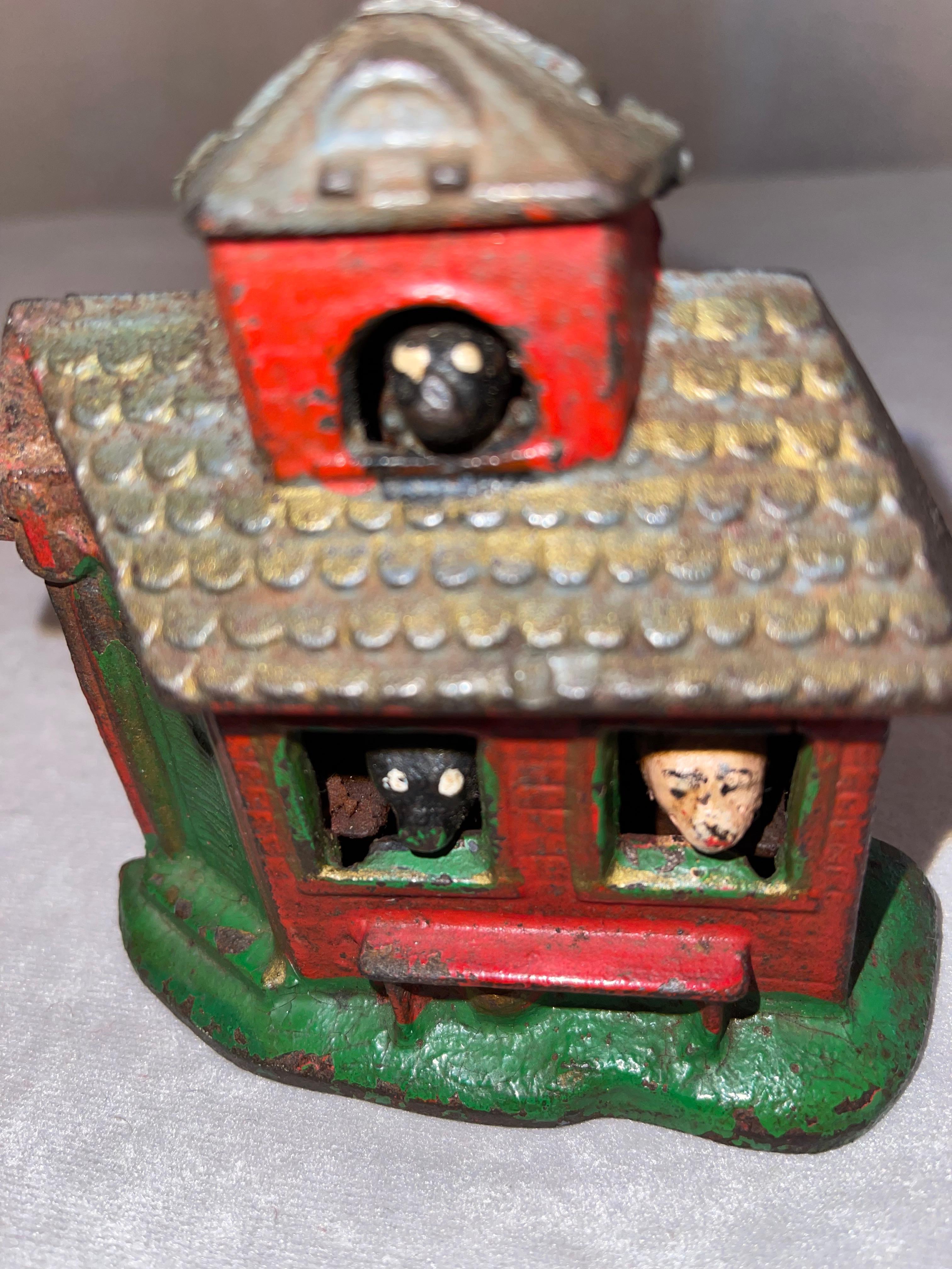 Painted Antique Cast Iron Bank, House w/ Animals Peeking Out of Windows, ca. 1900