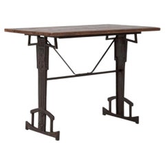 Antique Cast Iron Bistro Table with Brown Wood Top, France, 1900s