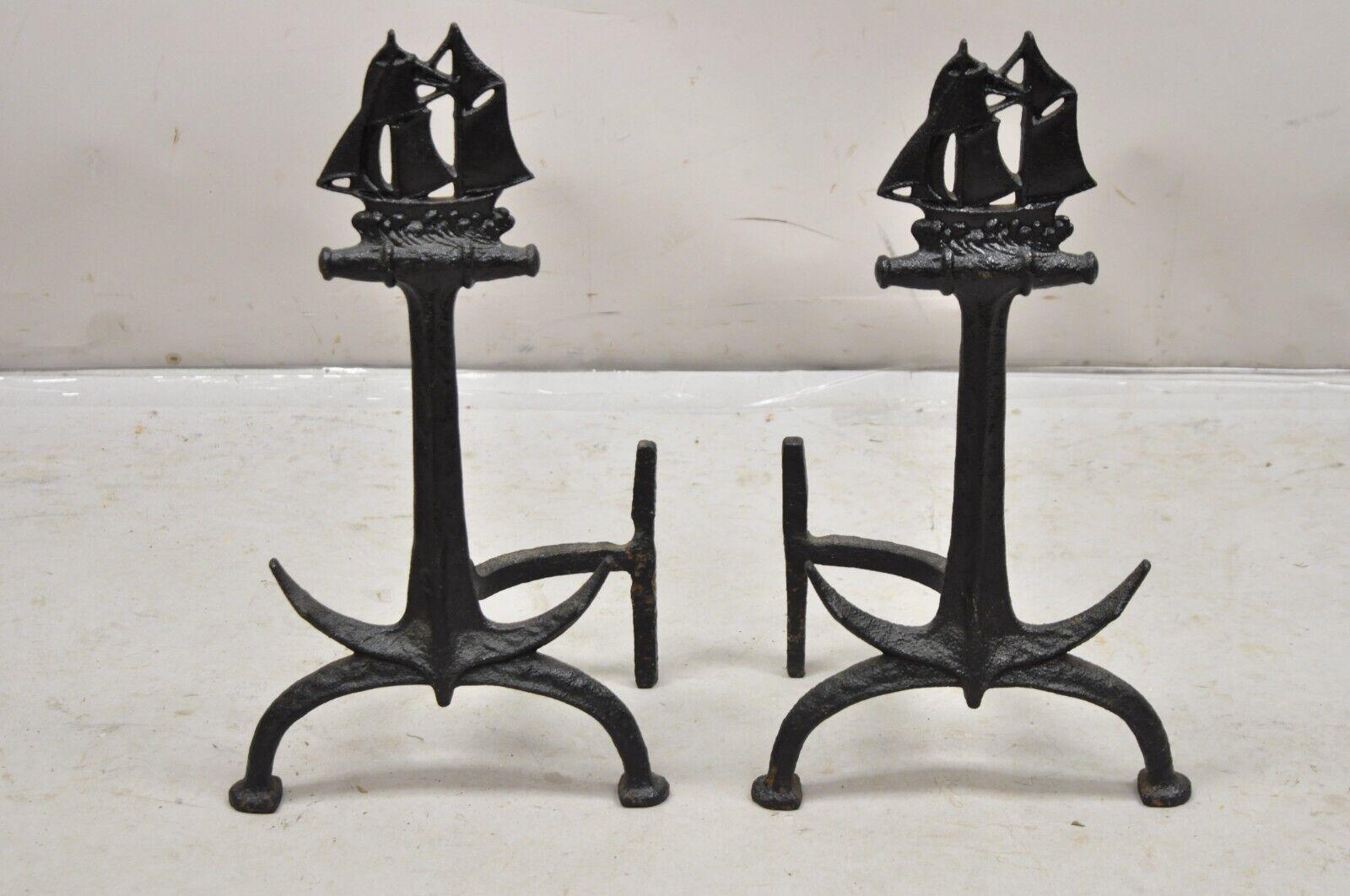 Antique Cast Iron Black Nautical Clipper Ship Anchor Fireplace Andirons - a Pair 5