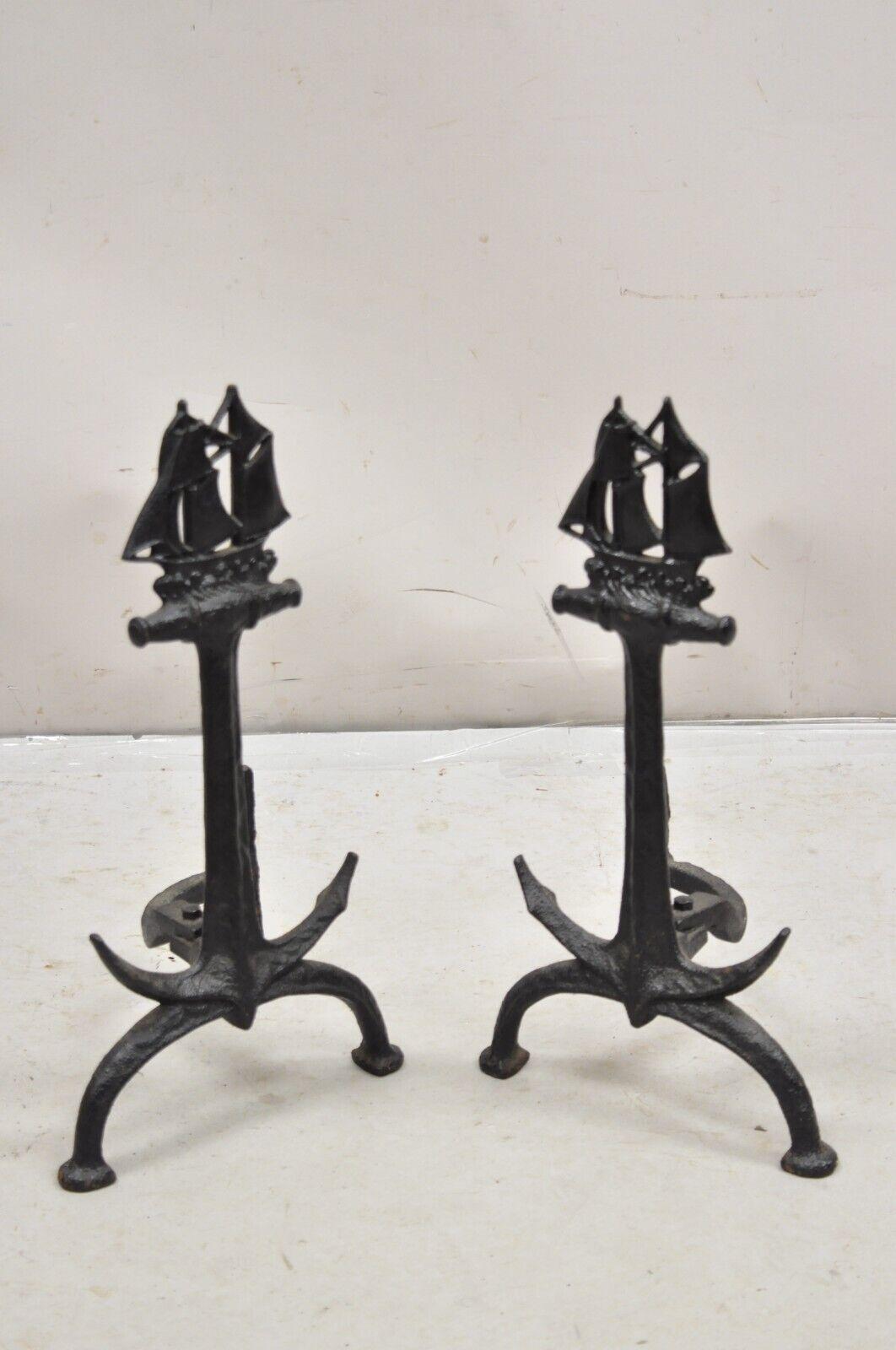Antique Cast Iron Black Nautical Clipper Ship Anchor Fireplace Andirons - a Pair. Circa early 20th Century. Measurements: 19