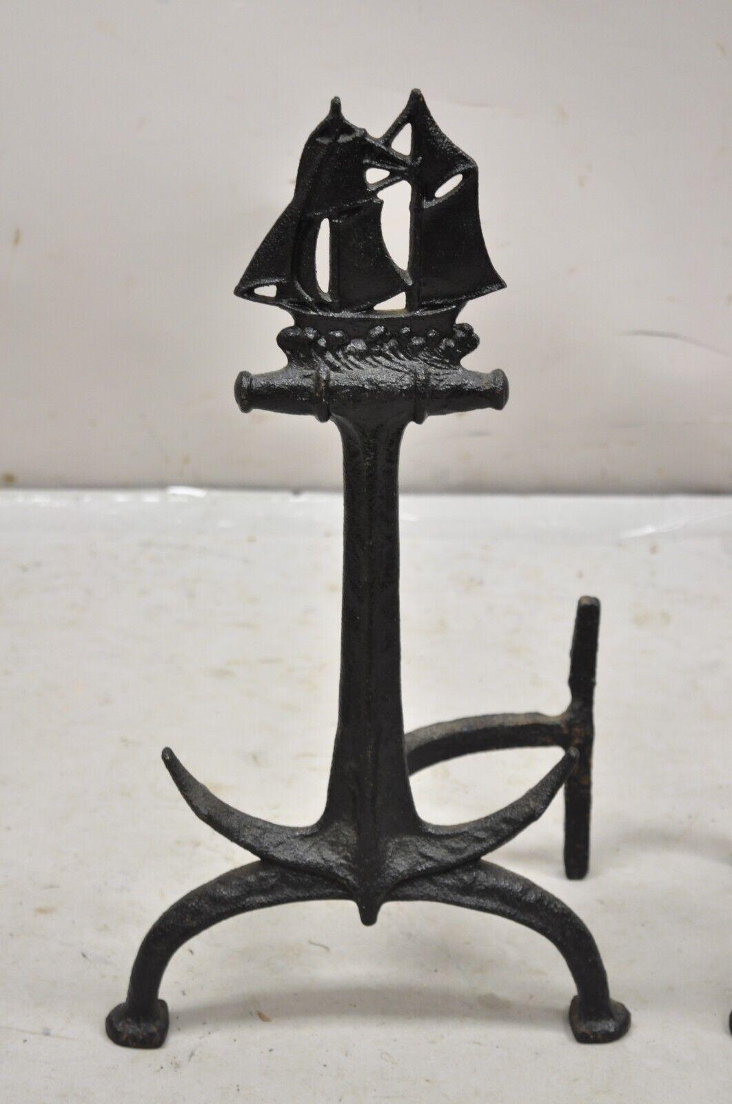 Other Antique Cast Iron Black Nautical Clipper Ship Anchor Fireplace Andirons - a Pair