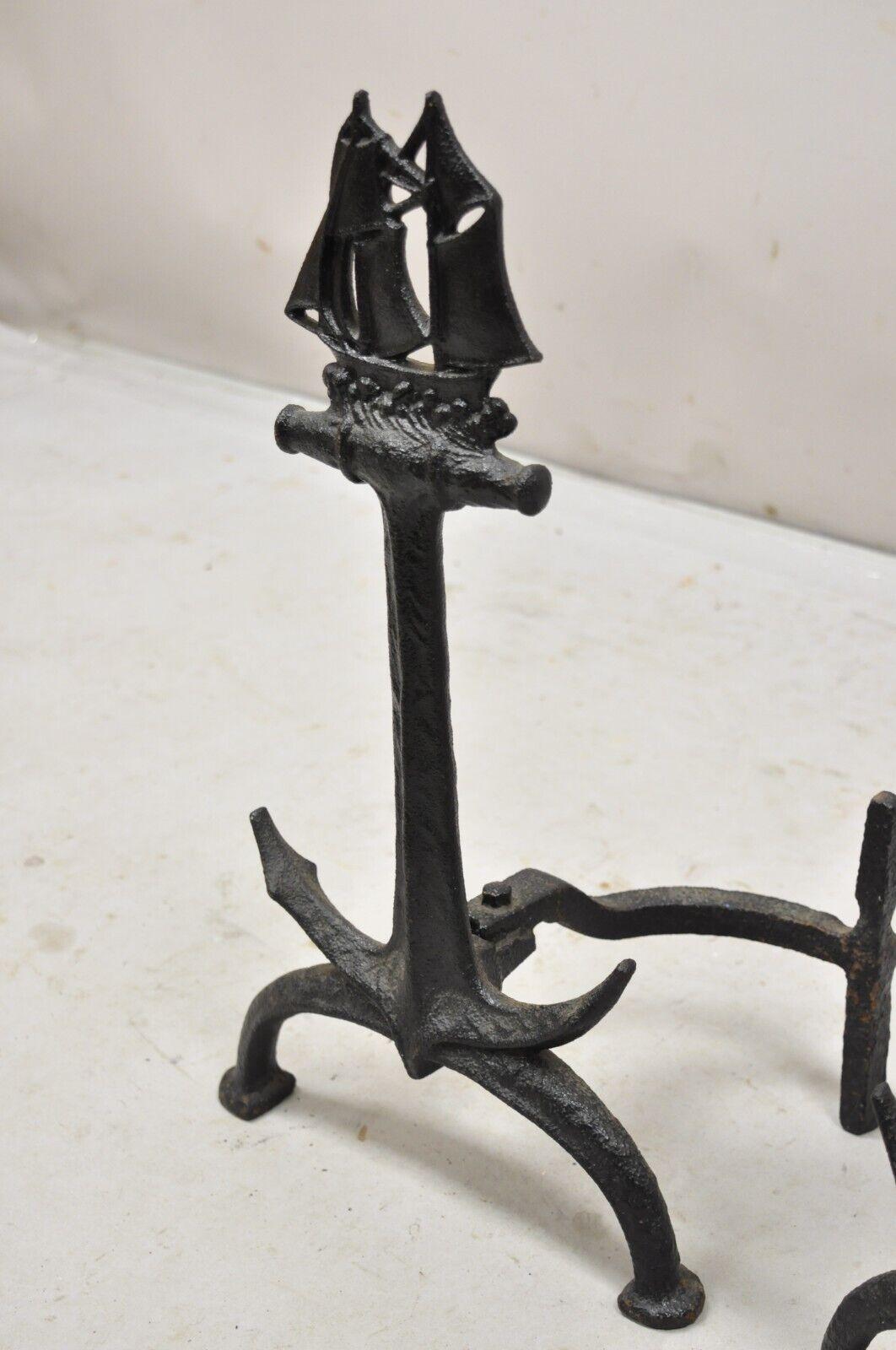 Antique Cast Iron Black Nautical Clipper Ship Anchor Fireplace Andirons - a Pair 1