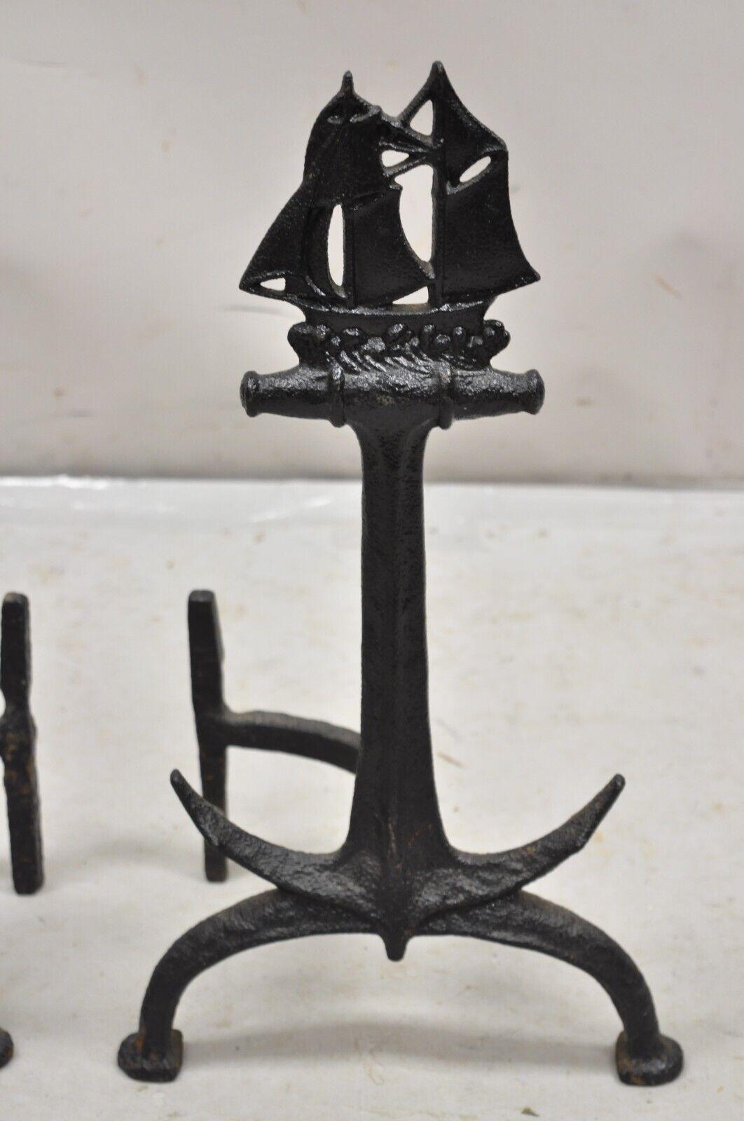 Antique Cast Iron Black Nautical Clipper Ship Anchor Fireplace Andirons - a Pair 4