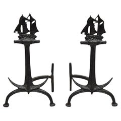 Antique Cast Iron Black Nautical Clipper Ship Anchor Fireplace Andirons - a Pair