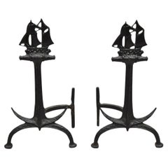 Antique Cast Iron Black Nautical Clipper Ship Anchor Fireplace Andirons - a Pair