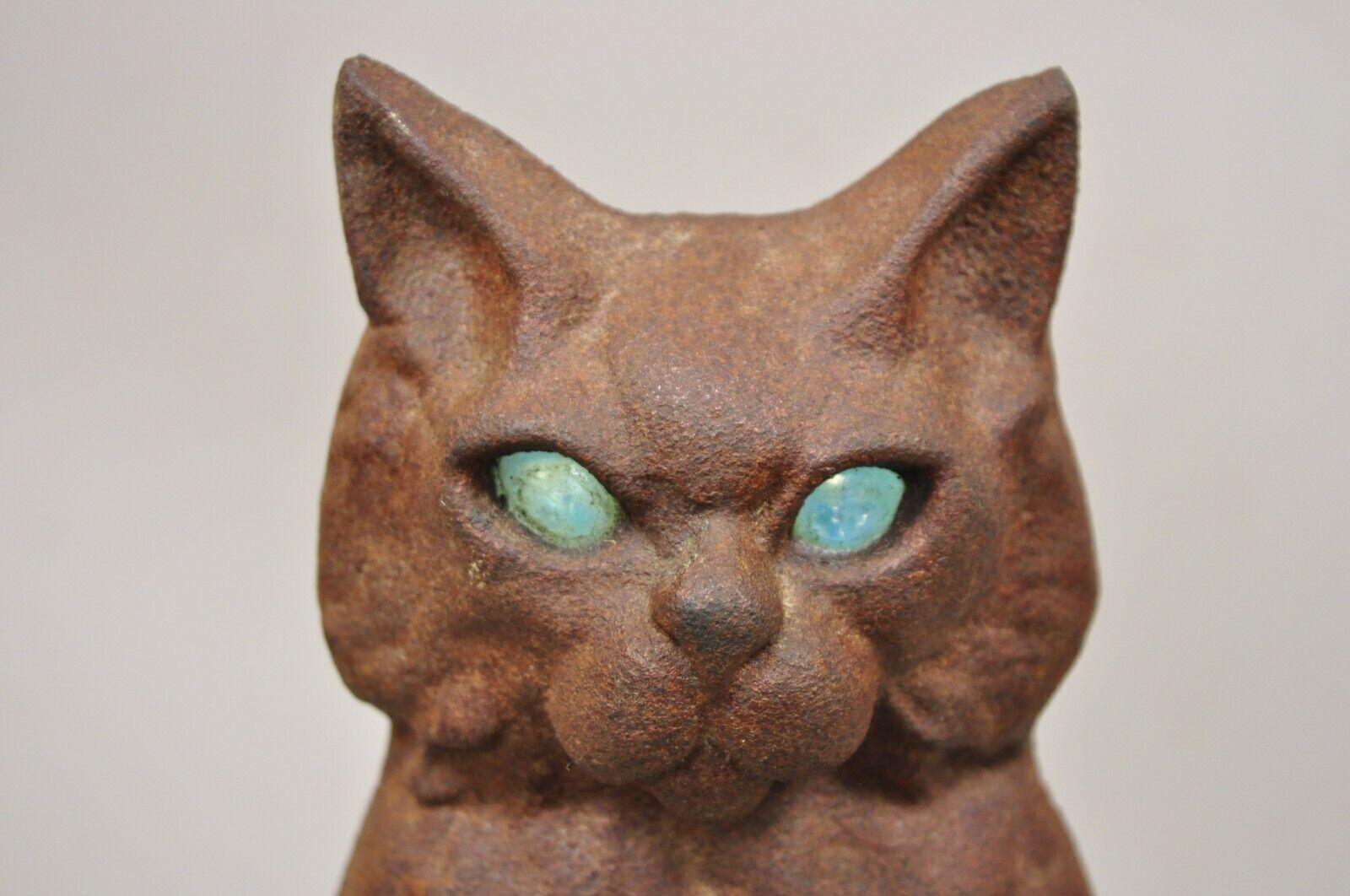 Victorian Antique Cast Iron Blue Glass Eyes Figural Cat Door Stop Andiron