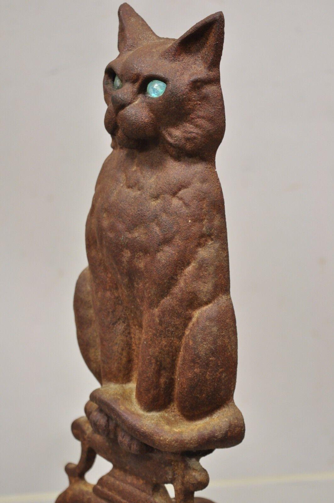 Antique Cast Iron Blue Glass Eyes Figural Cat Door Stop Andiron In Good Condition In Philadelphia, PA