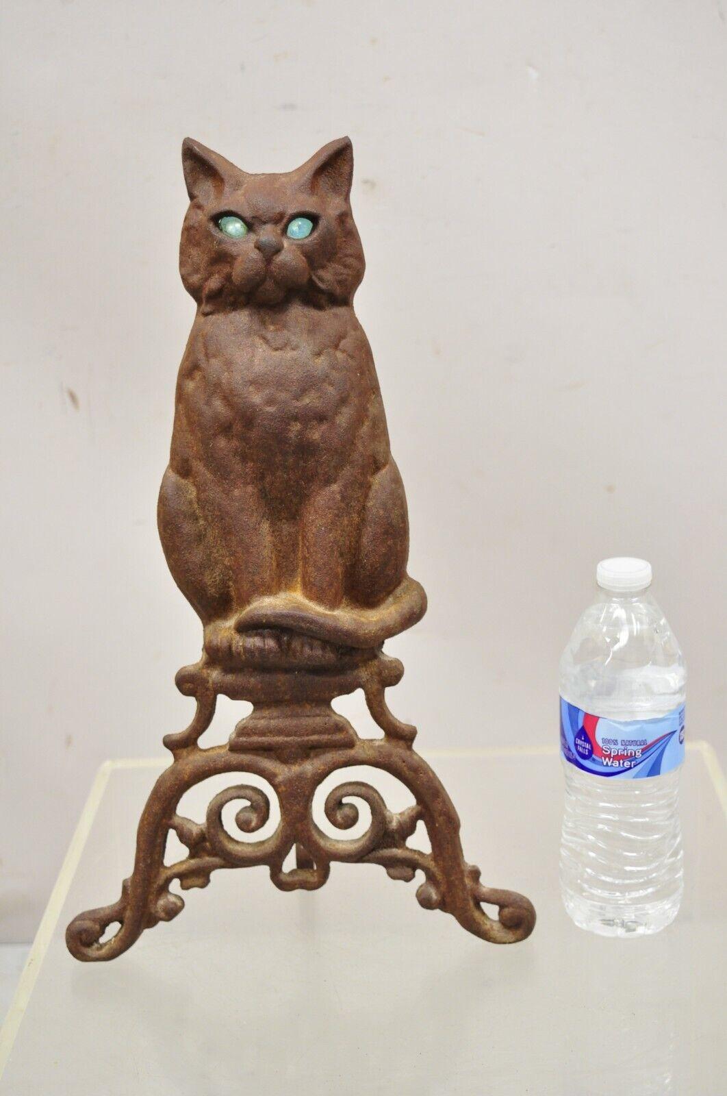 Antique Cast Iron Blue Glass Eyes Figural Cat Door Stop Andiron 3