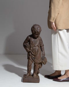 Antique Cast Iron Boy with Grapes Sculpture, French, 1900s