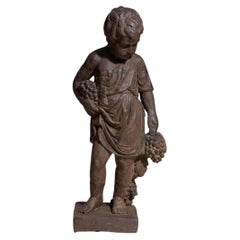 Antique Cast Iron Boy with Grapes Sculpture, French, 1900s
