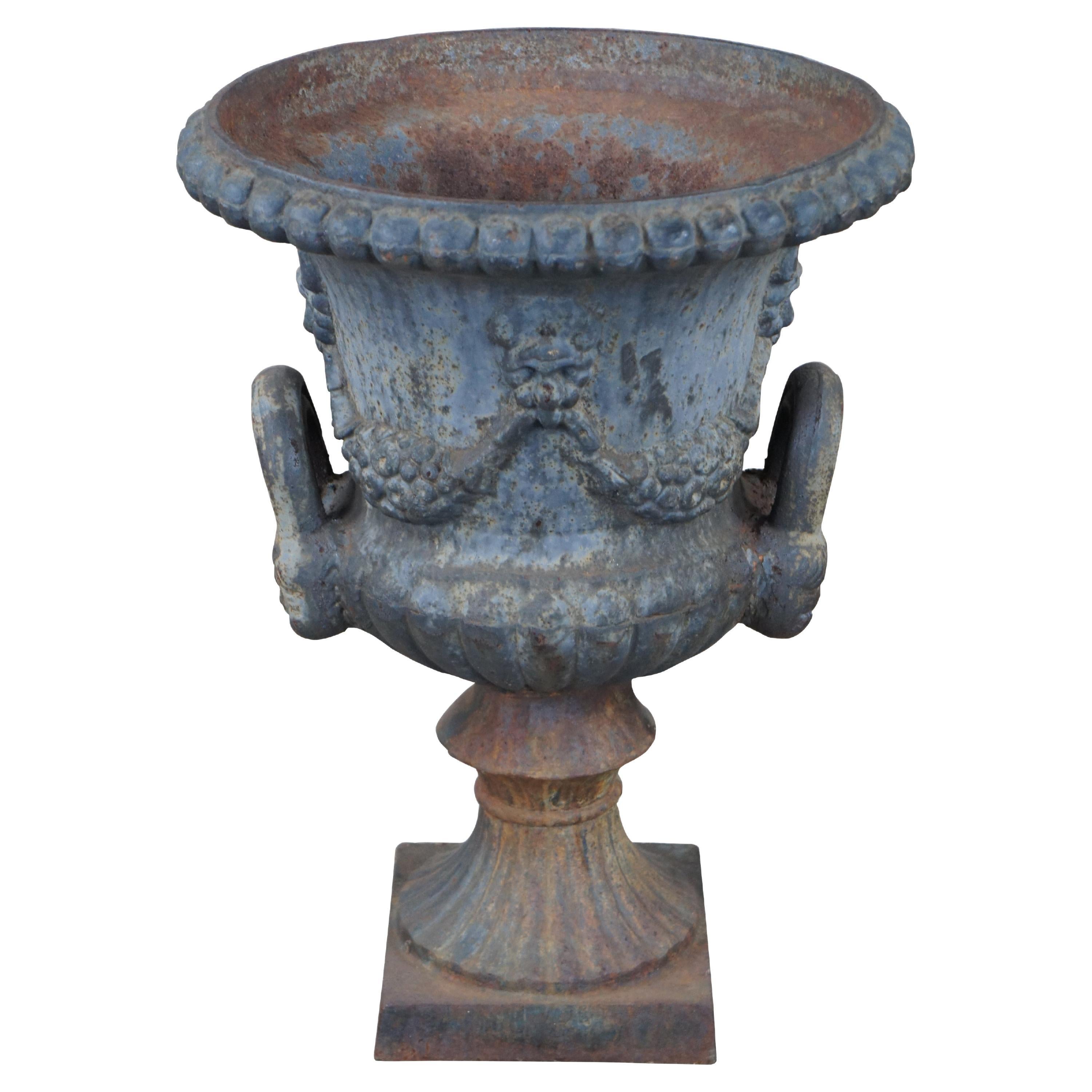 Antique Cast Iron Classical Grecian Style Outdoor Garden Planter Urn Grapes 23" For Sale