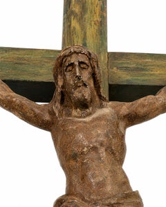 Antique Cast Iron Crucifix Figure on Weathered Painted Wooden Cross 1800´s
