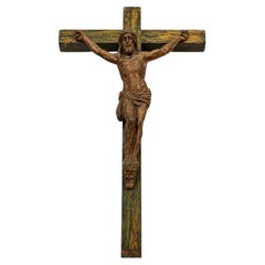 Antique Cast Iron Crucifix Figure on Weathered Painted Wooden Cross 1800´s