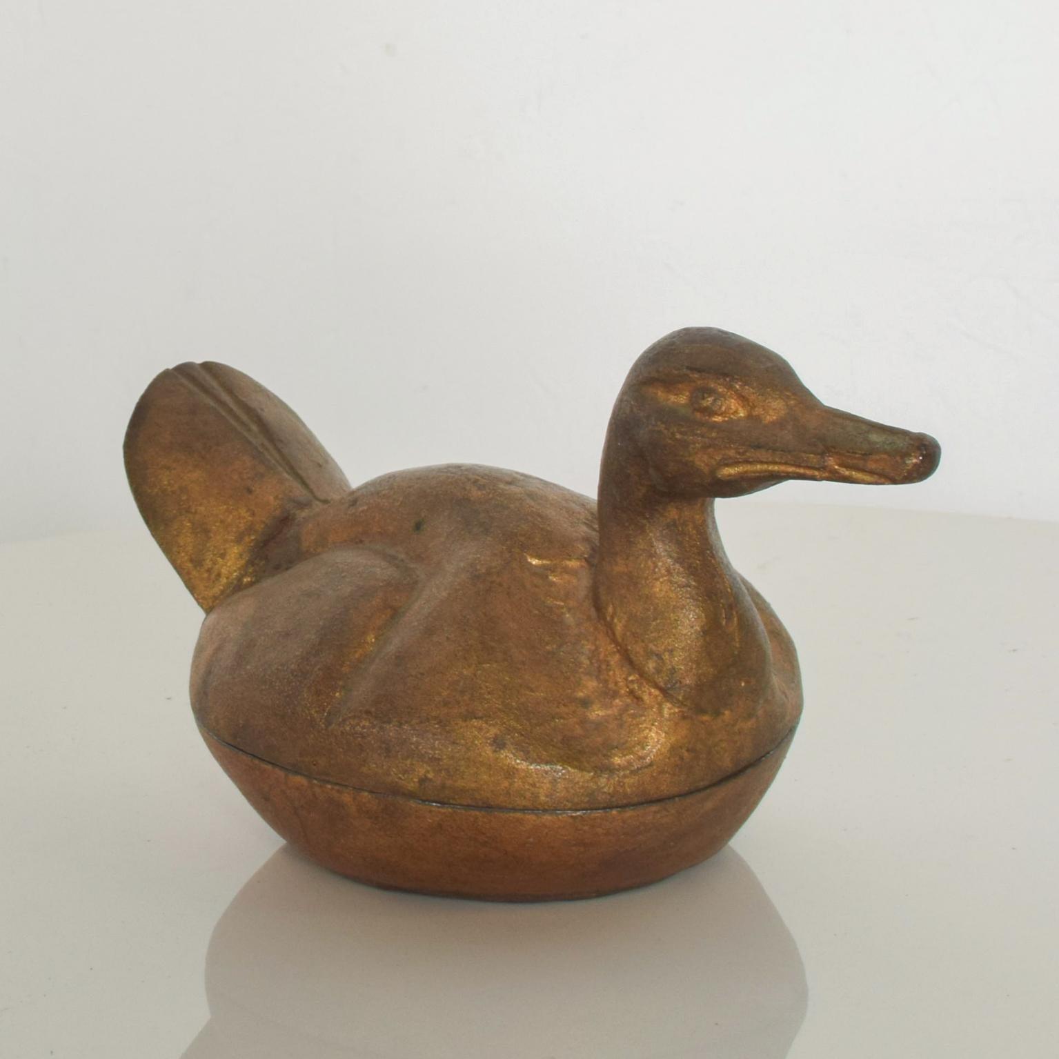 Japanese Antique Cast Iron Duck in Bronze Gold Lidded Decoy Secret Stash Box, Japan