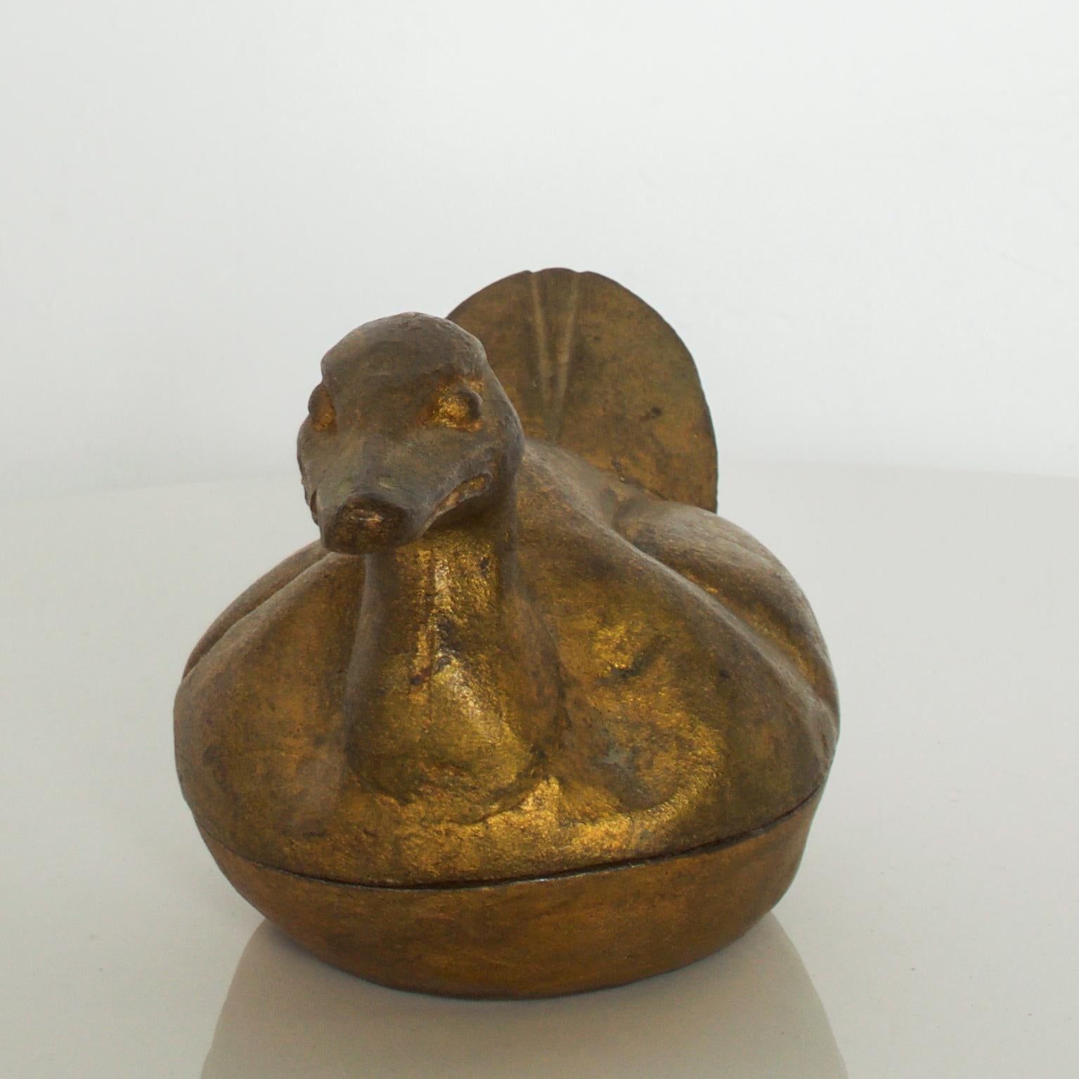 Antique Cast Iron Duck in Bronze Gold Lidded Decoy Secret Stash Box, Japan In Good Condition In Chula Vista, CA