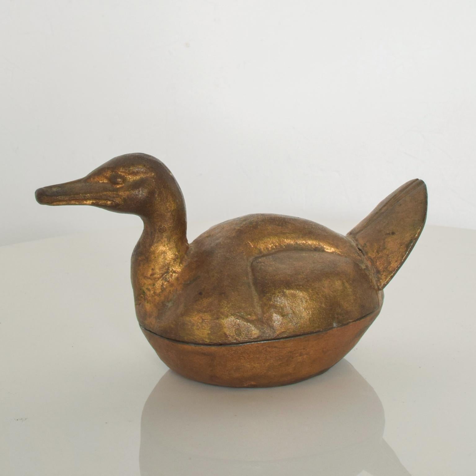 Mid-20th Century Antique Cast Iron Duck in Bronze Gold Lidded Decoy Secret Stash Box, Japan