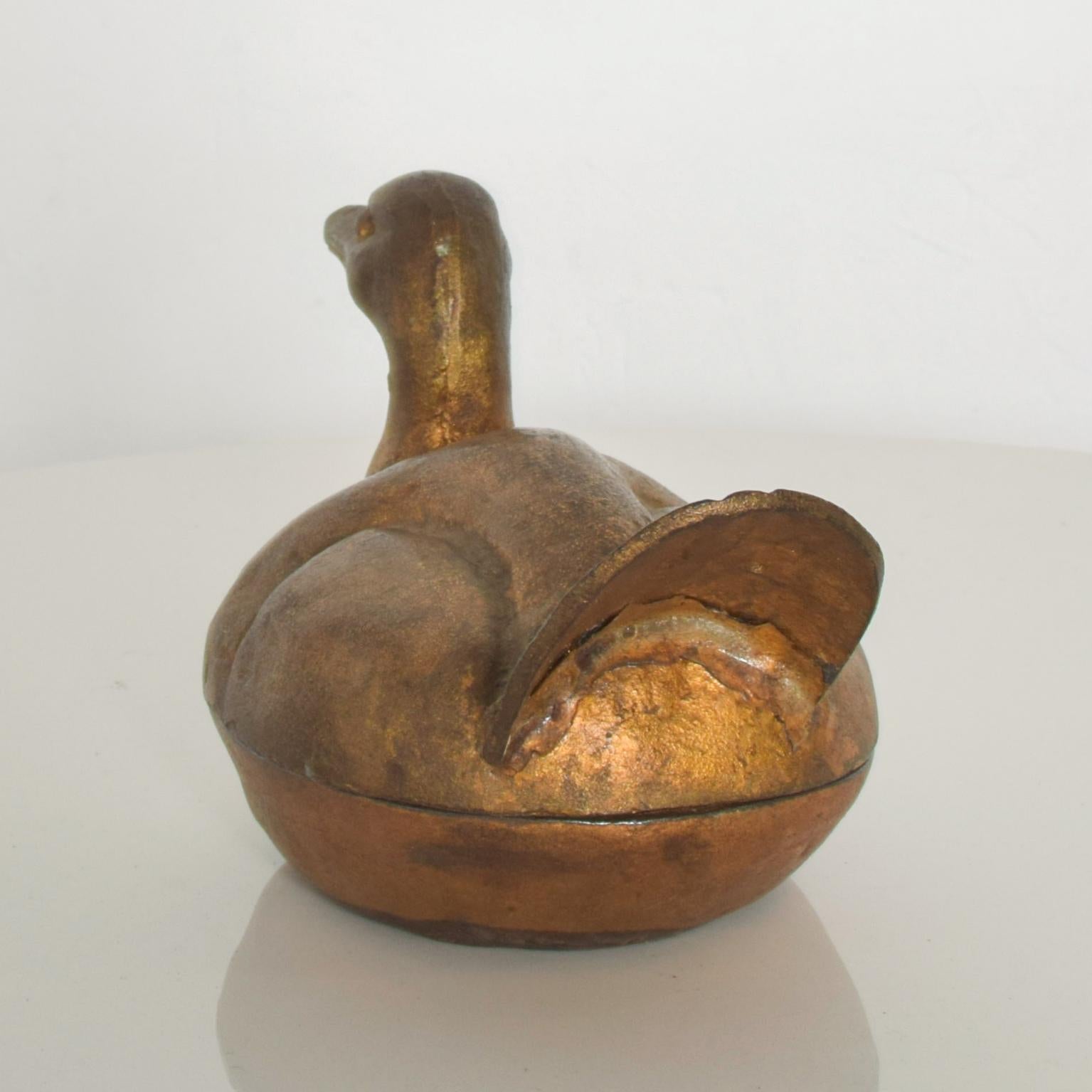 Antique Cast Iron Duck in Bronze Gold Lidded Decoy Secret Stash Box, Japan 1