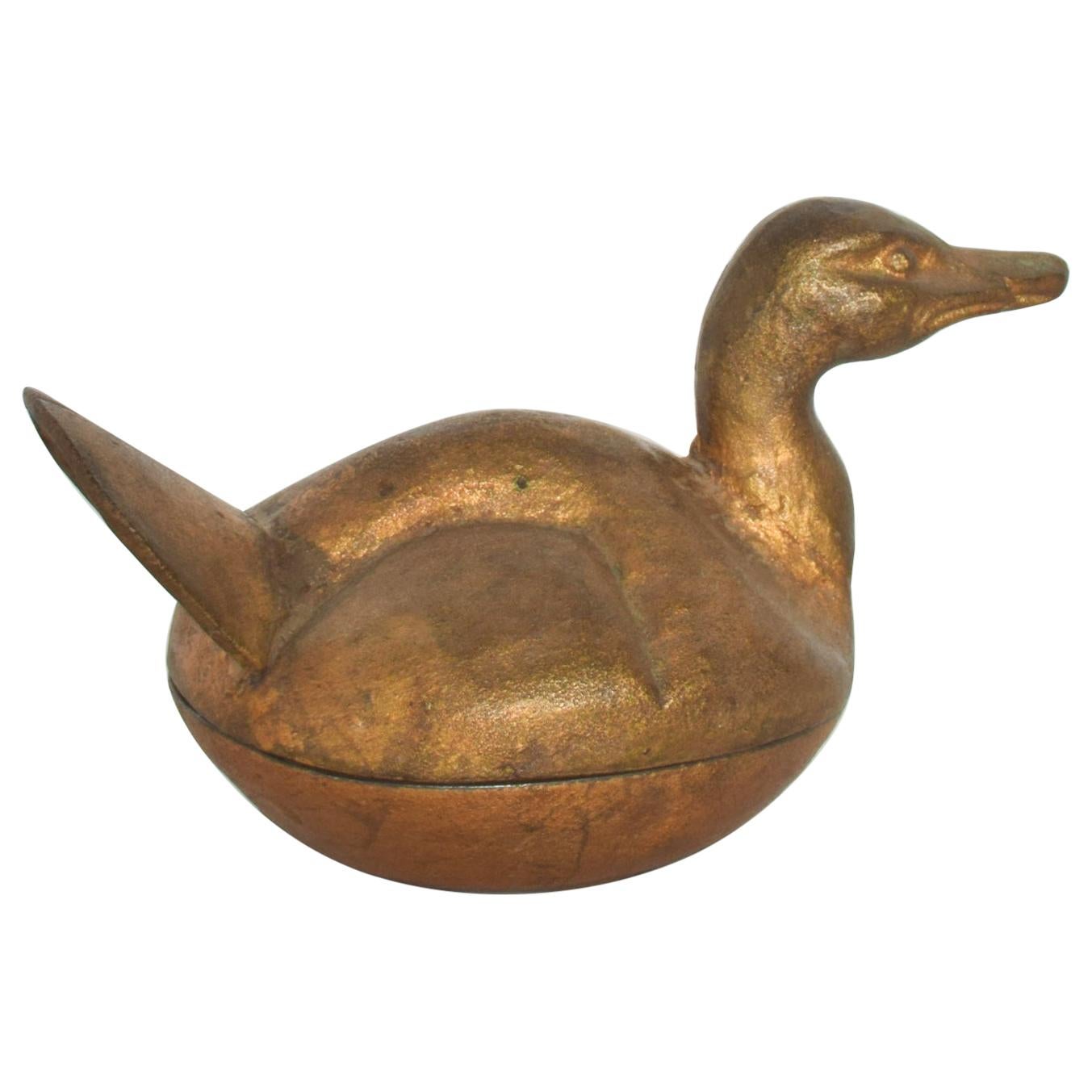Antique Cast Iron Duck in Bronze Gold Lidded Decoy Secret Stash Box, Japan