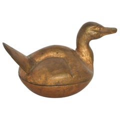 Antique Cast Iron Duck in Bronze Gold Lidded Decoy Secret Stash Box, Japan