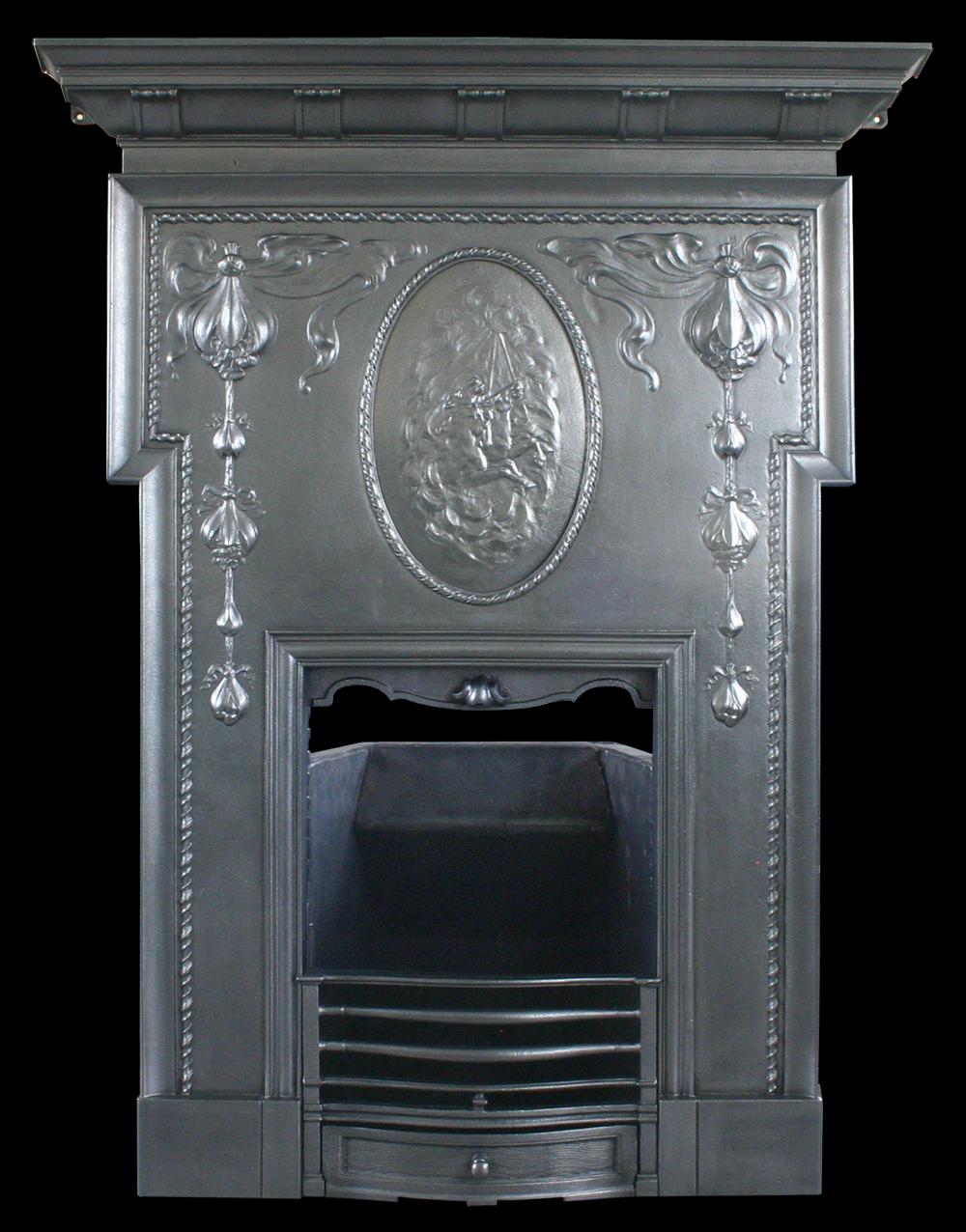 Large and unusual antique cast iron Edwardian Art Nouveau combination fireplace with a finely cast panel to the frieze, with what is believe to be a representation of the Horses of the Camargue galloping through water with the sun breaking through