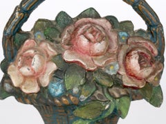 Antique Cast Iron Enameled Flower Basket Handled Door Stop