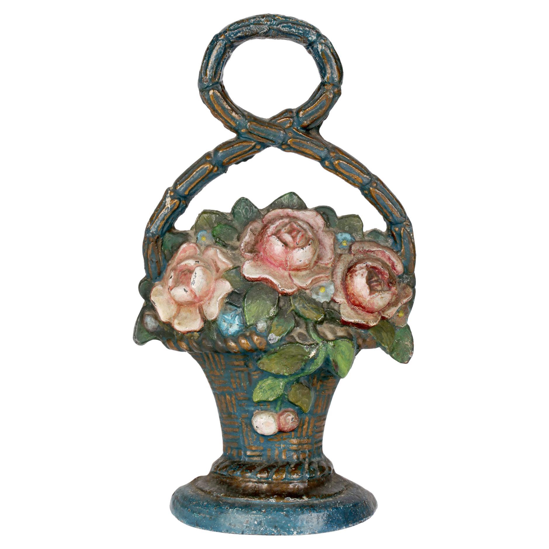 Antique Cast Iron Enameled Flower Basket Handled Door Stop