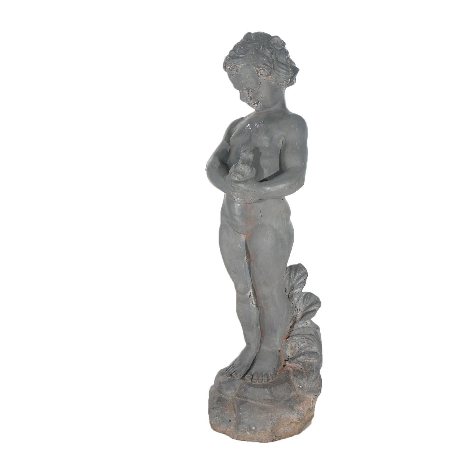 Antique Cast Iron Figural Cherub with Frog Garden Sculpture C1900 In Good Condition For Sale In Big Flats, NY