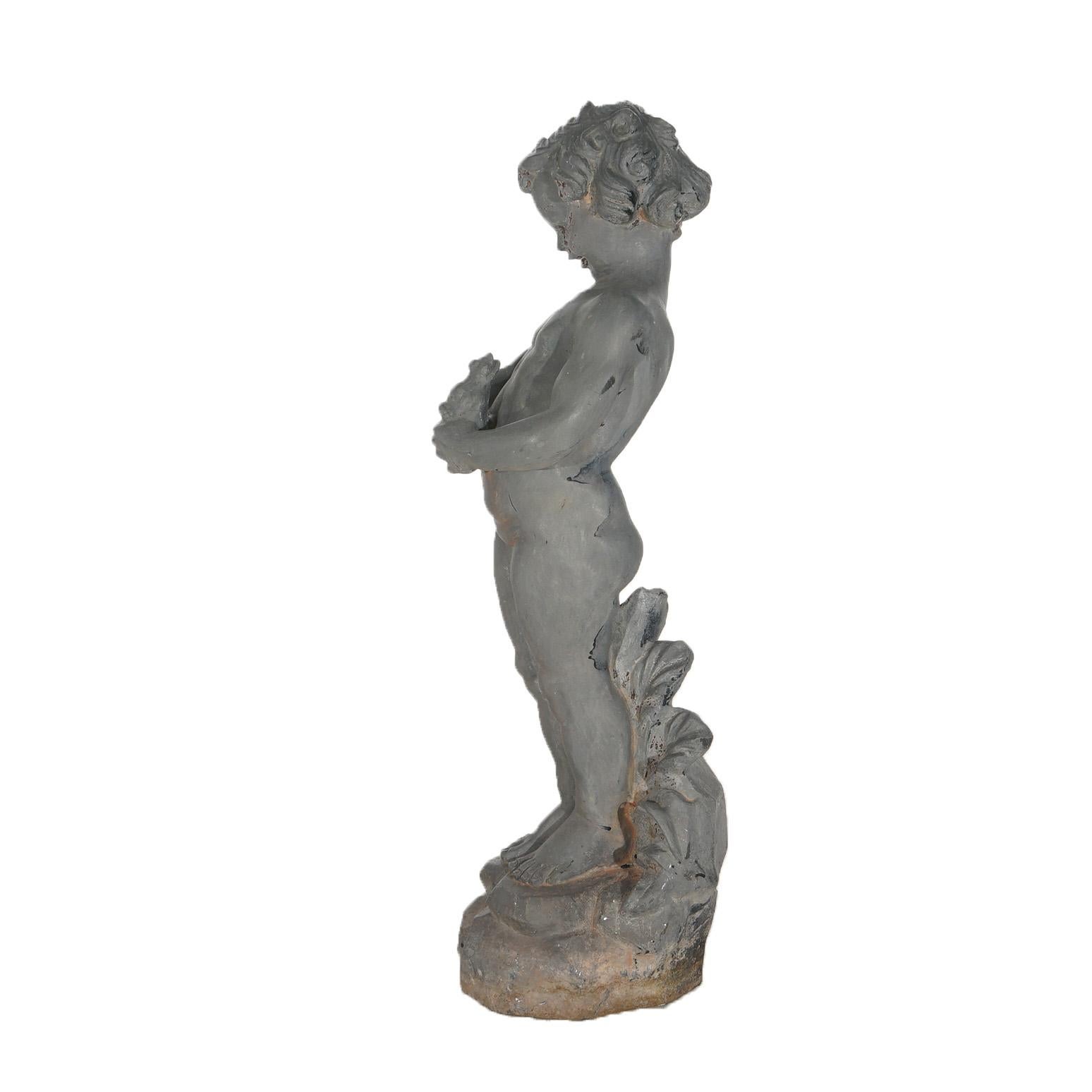 20th Century Antique Cast Iron Figural Cherub with Frog Garden Sculpture C1900 For Sale