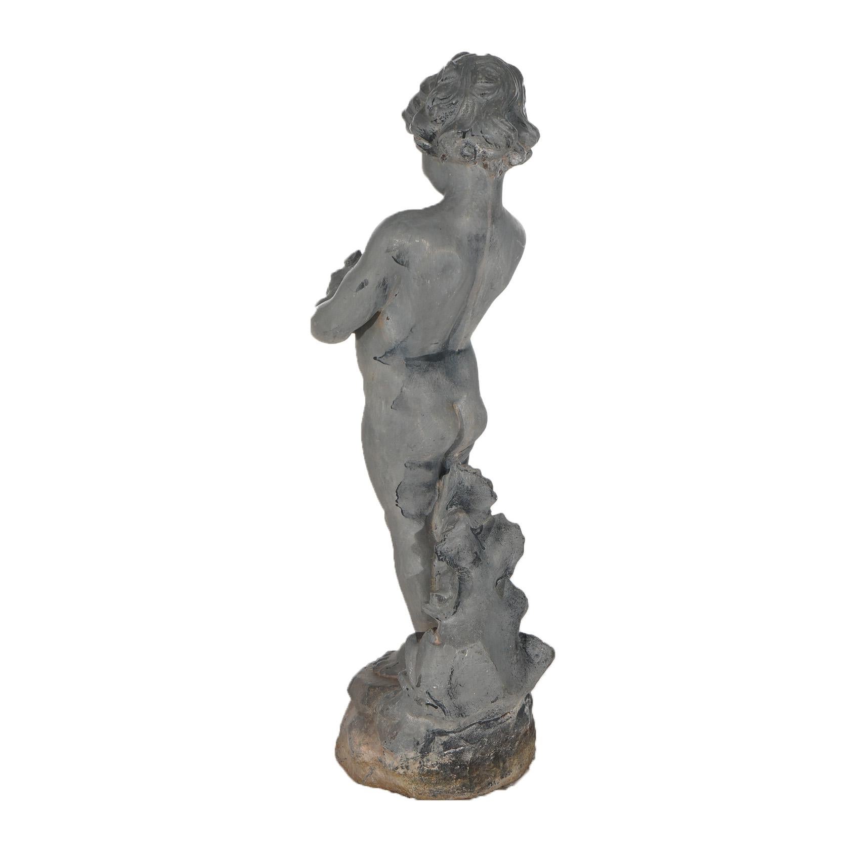 Antique Cast Iron Figural Cherub with Frog Garden Sculpture C1900 For Sale 1