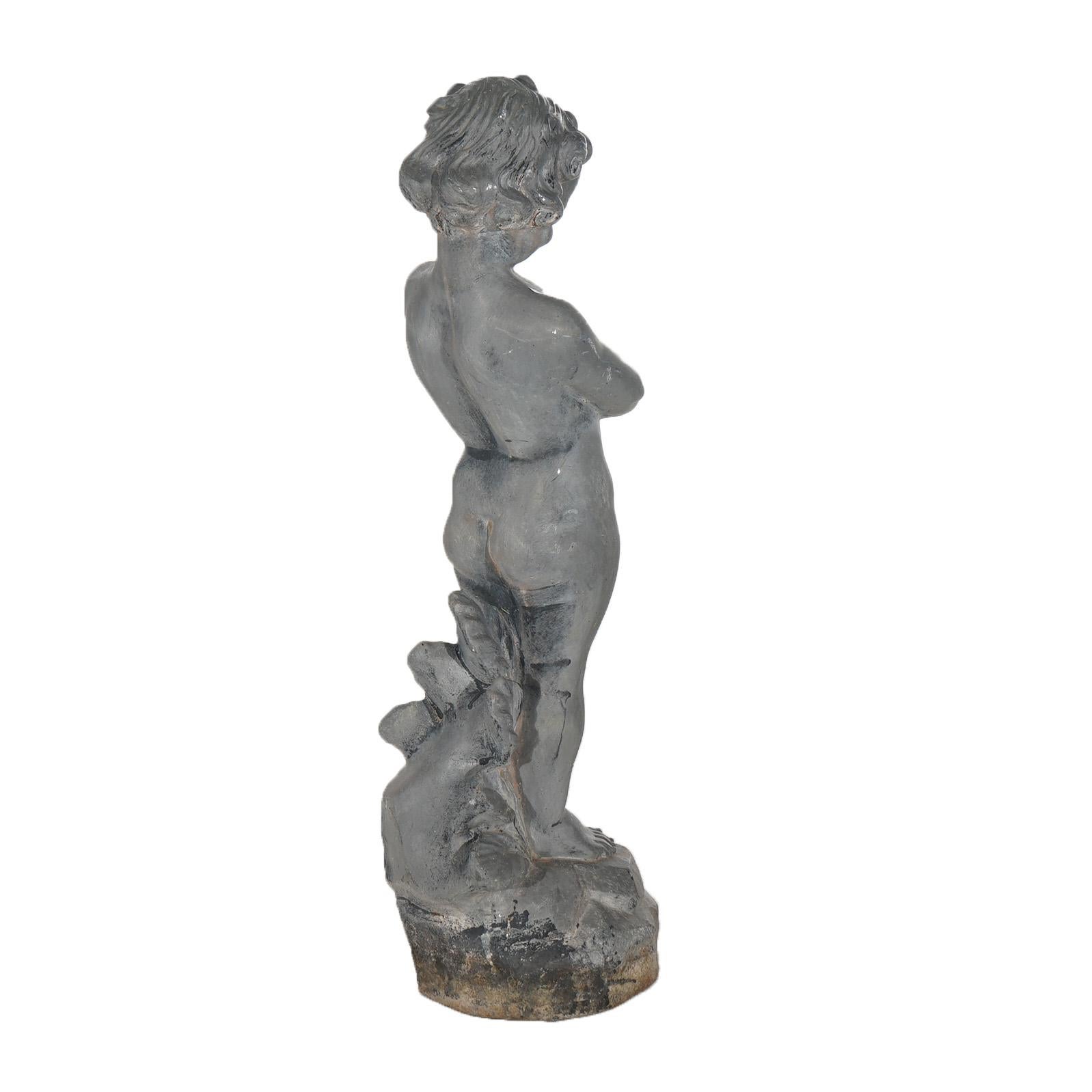 Antique Cast Iron Figural Cherub with Frog Garden Sculpture C1900 For Sale 2