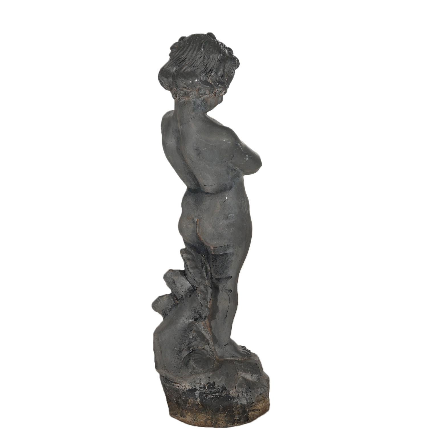 Antique Cast Iron Figural Cherub with Frog Garden Sculpture C1900 For Sale 3