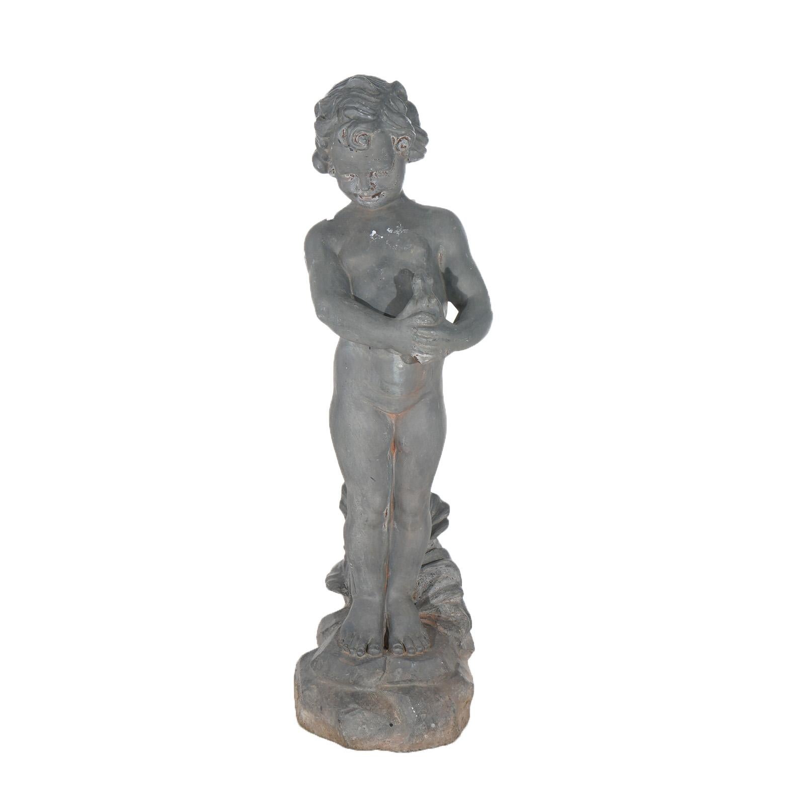 Antique Cast Iron Figural Cherub with Frog Garden Sculpture C1900 For Sale