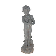 Antiquité - Sculpture de jardin en fonte avec chérubin et grenouille C1900