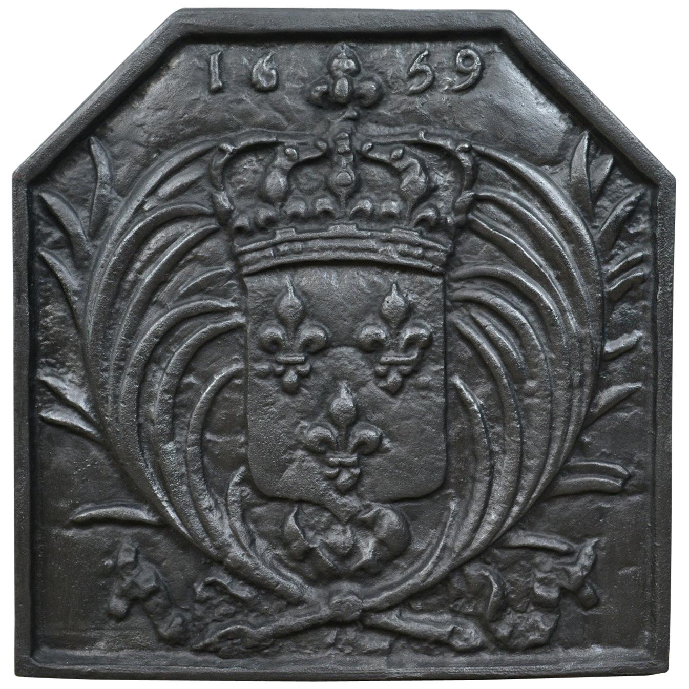 Antique Cast Iron Fire Back, Coat of Arms, Fireplace Revival Casting, circa 1900