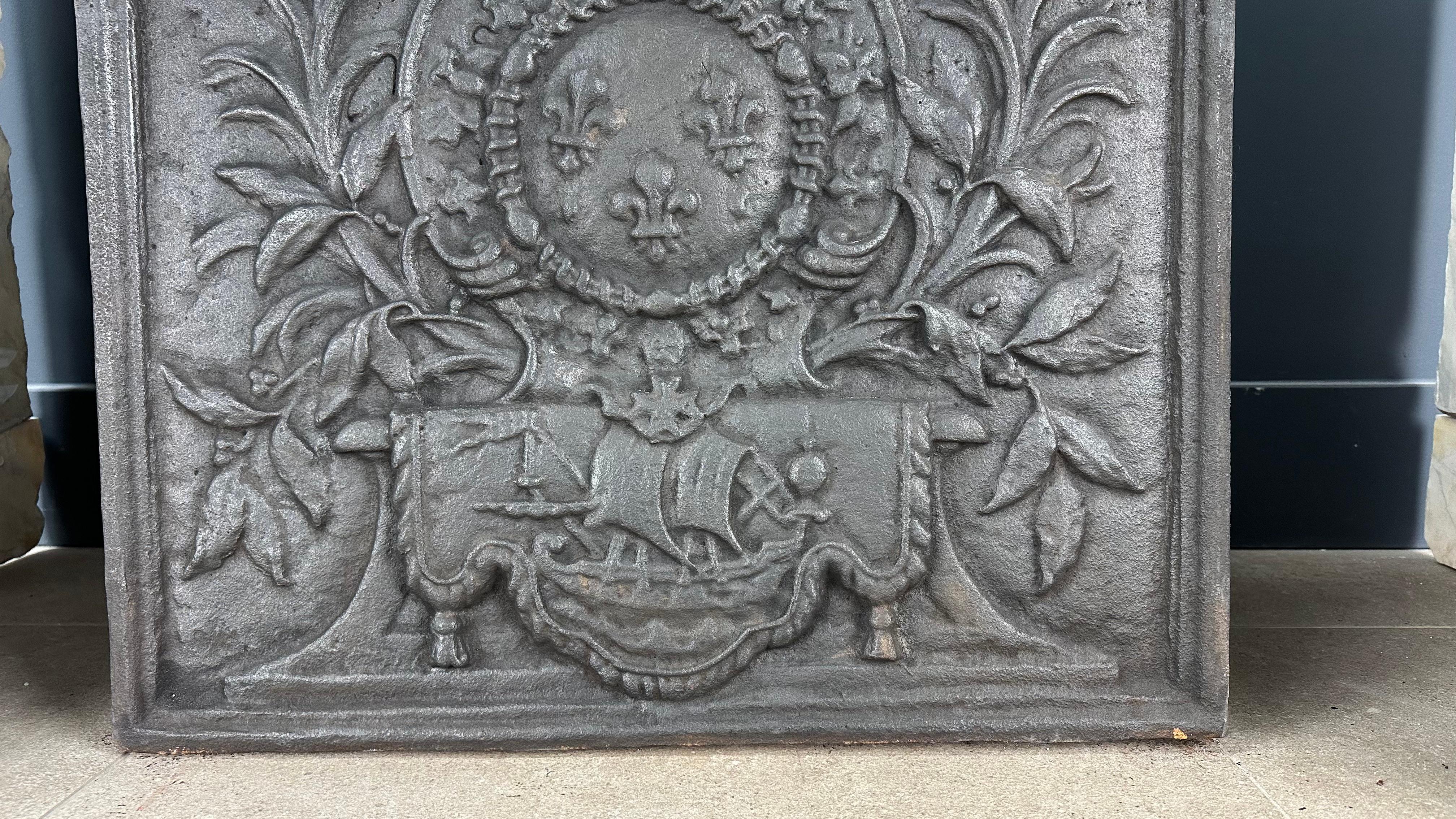 French Antique Cast Iron Fireback For Sale